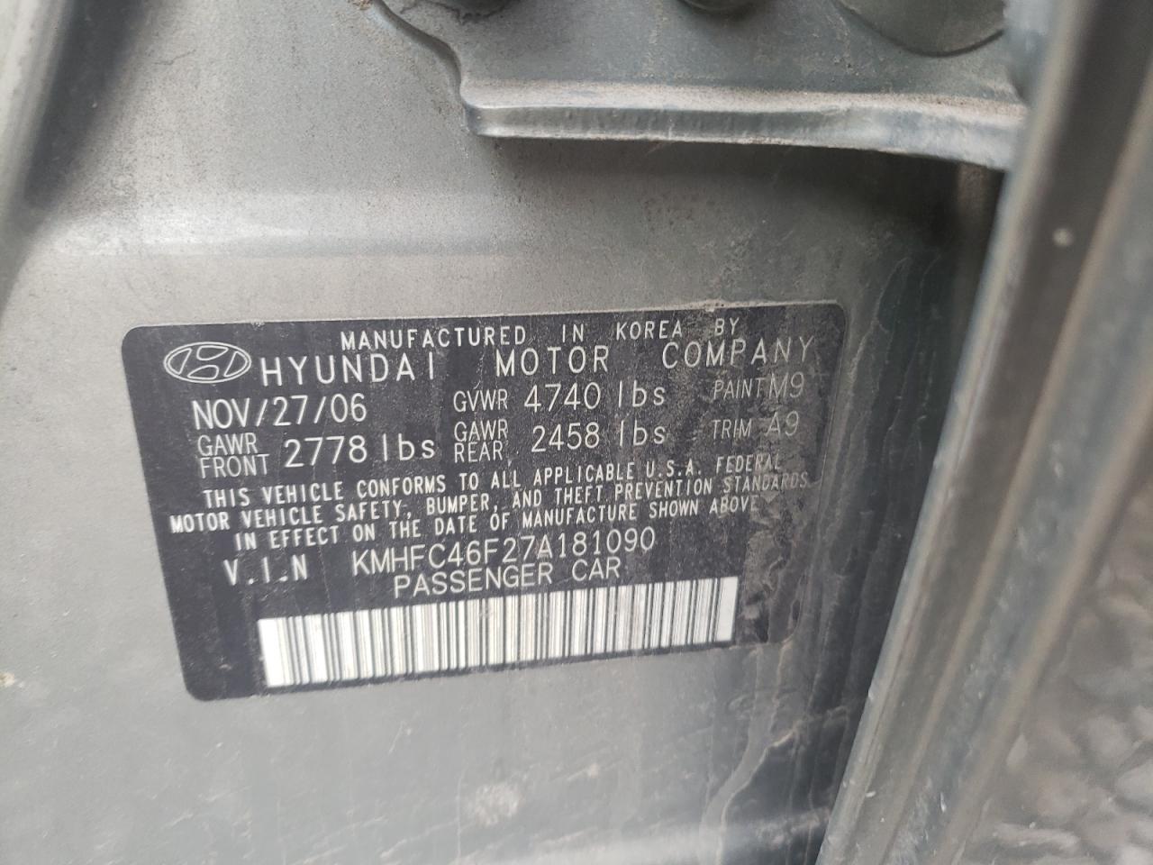 Photo 10 from auction – 2007 HYUNDAI AZERA SE with VIN KMHFC46F27A181090