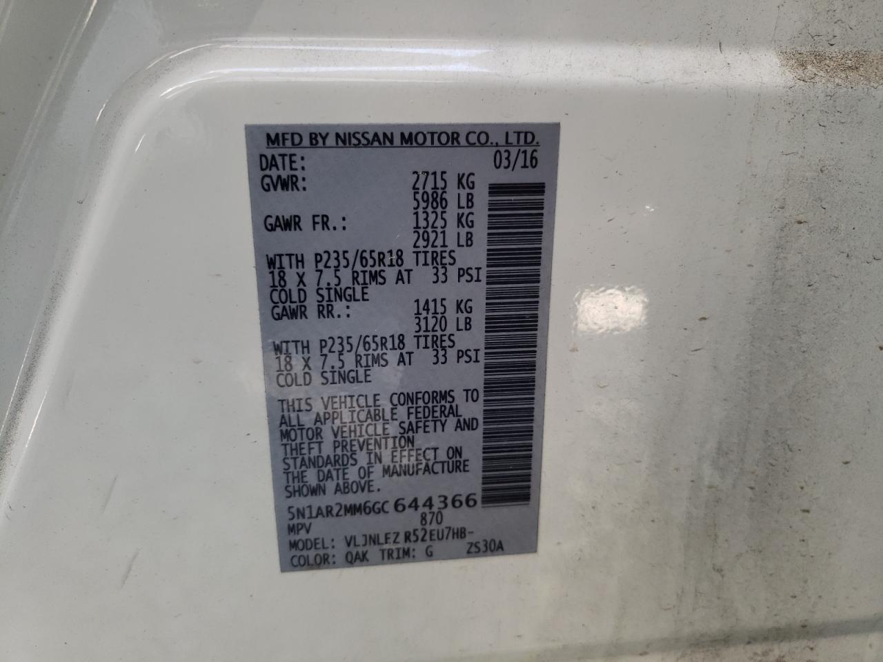 Photo 10 from auction – 2016 NISSAN PATHFINDER with VIN 5N1AR2MM6GC644366