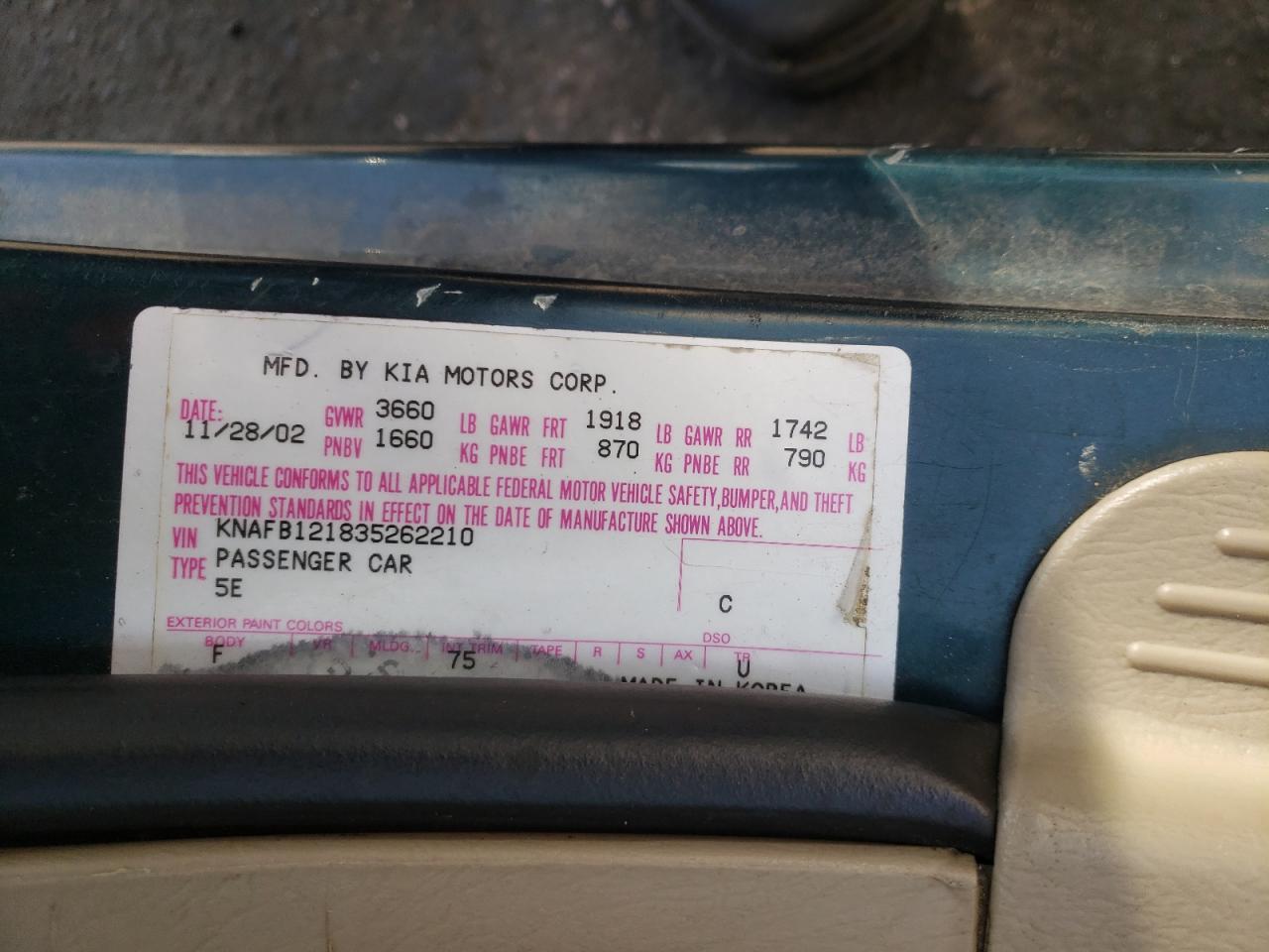Photo 10 from auction – 2003 KIA SPECTRA BA with VIN KNAFB121835262210