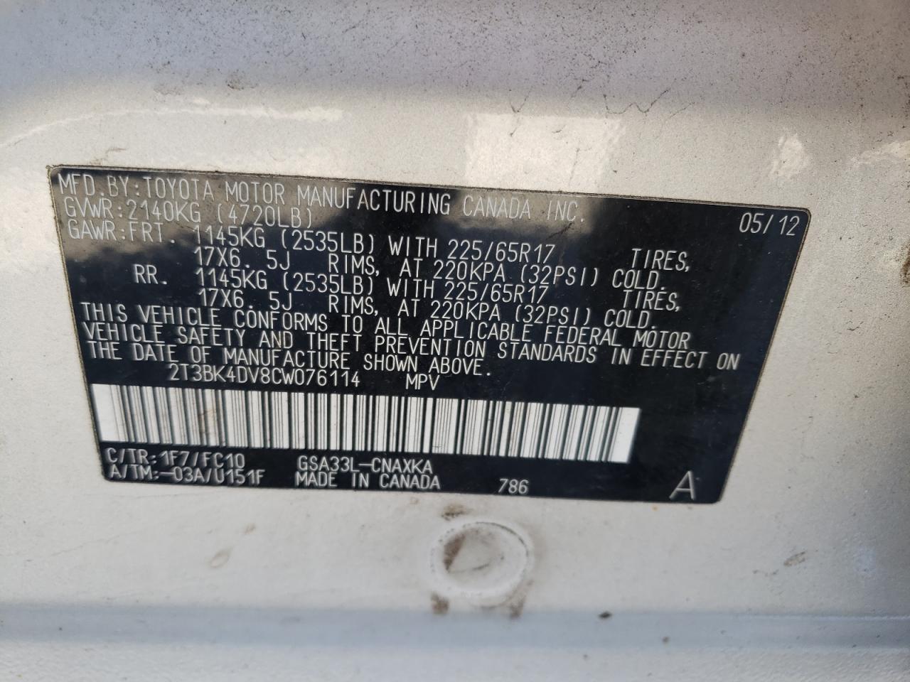 Photo 10 from auction – 2012 TOYOTA RAV4 with VIN 2T3BK4DV8CW076114