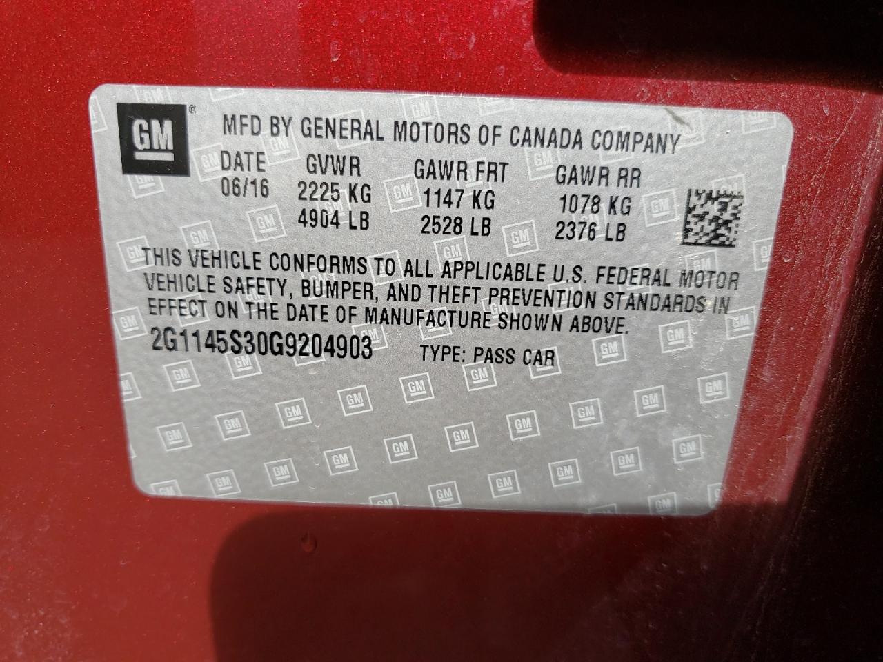 Photo 10 from auction – 2016 CHEVROLET IMPALA LTZ with VIN 2G1145S30G9204903
