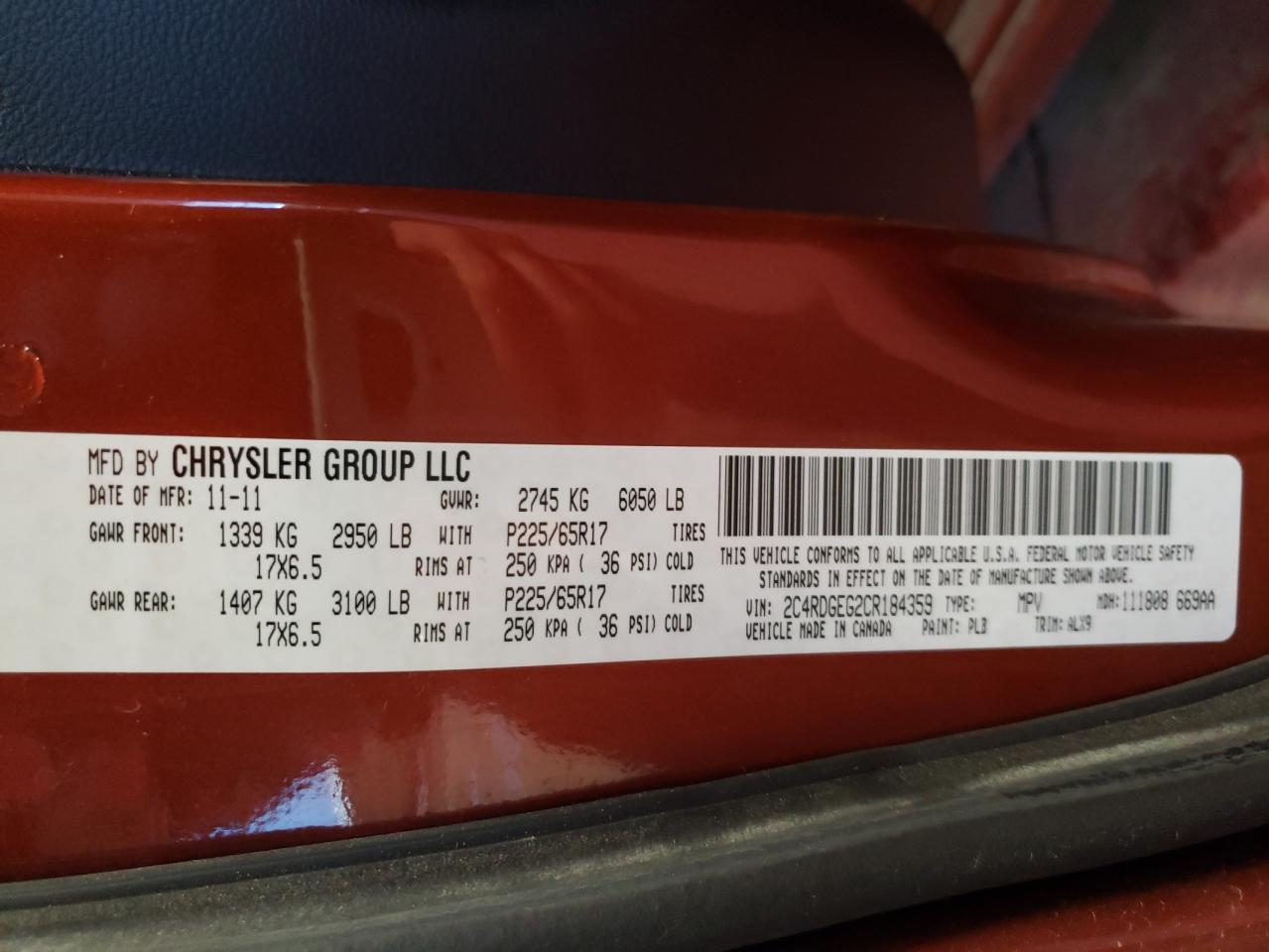Photo 10 from auction – 2012 DODGE GRAND CARA with VIN 2C4RDGEG2CR184359