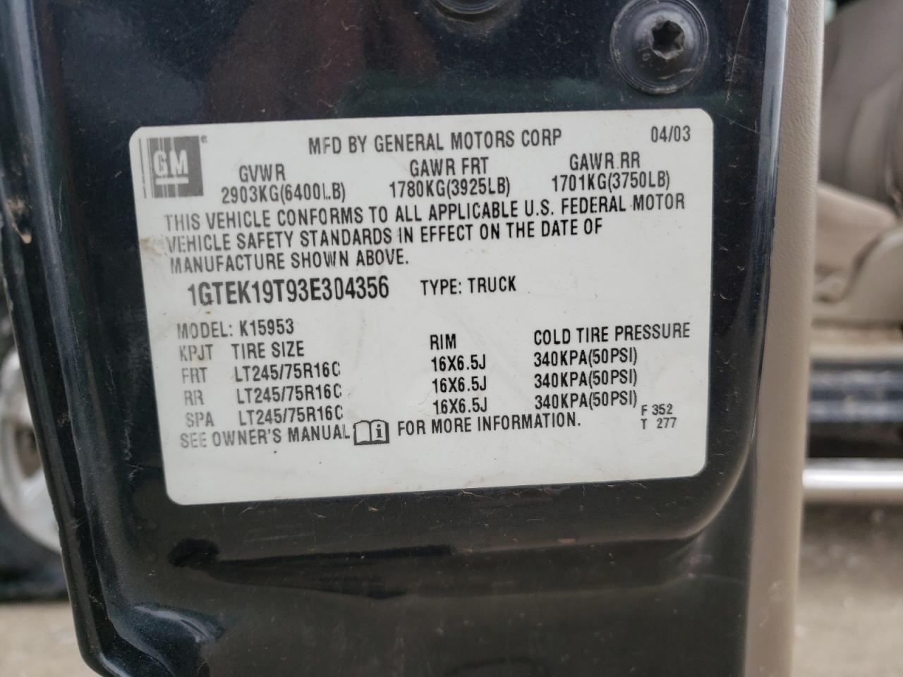 Photo 10 from auction – 2003 GMC NEW SIERRA with VIN 1GTEK19T93E304356