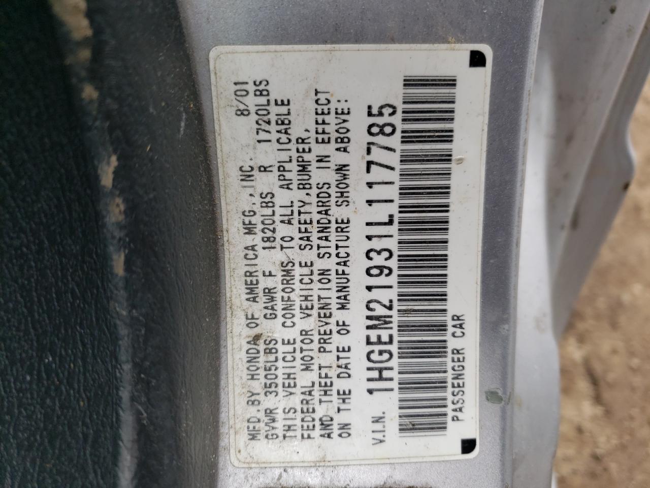 Photo 10 from auction – 2001 HONDA CIVIC SI with VIN 1HGEM21931L117785