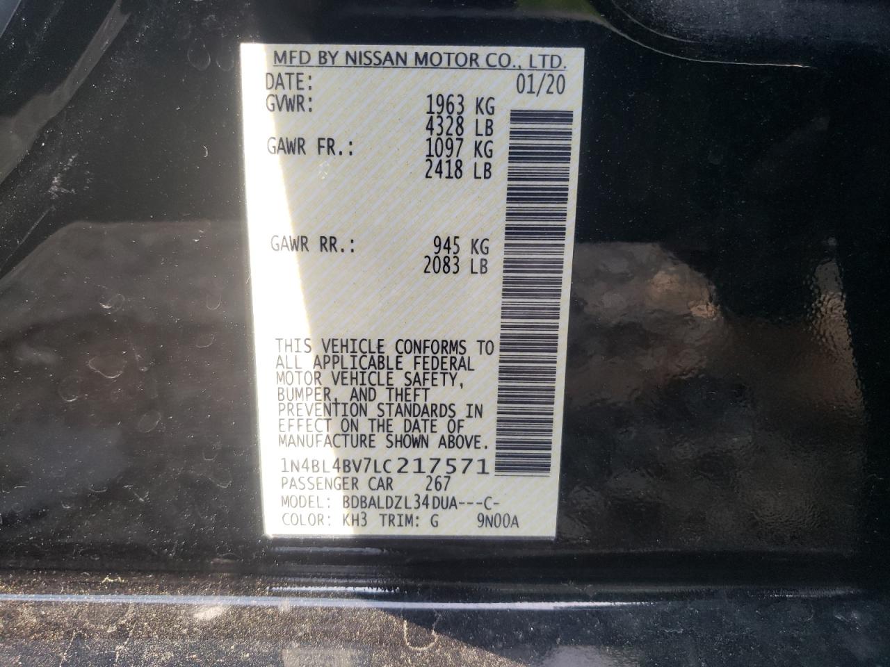 Photo 10 from auction – 2020 NISSAN ALTIMA S with VIN 1N4BL4BV7LC217571