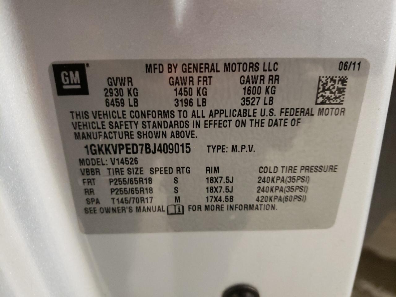 Photo 10 from auction – 2011 GMC ACADIA SLE with VIN 1GKKVPED7BJ409015