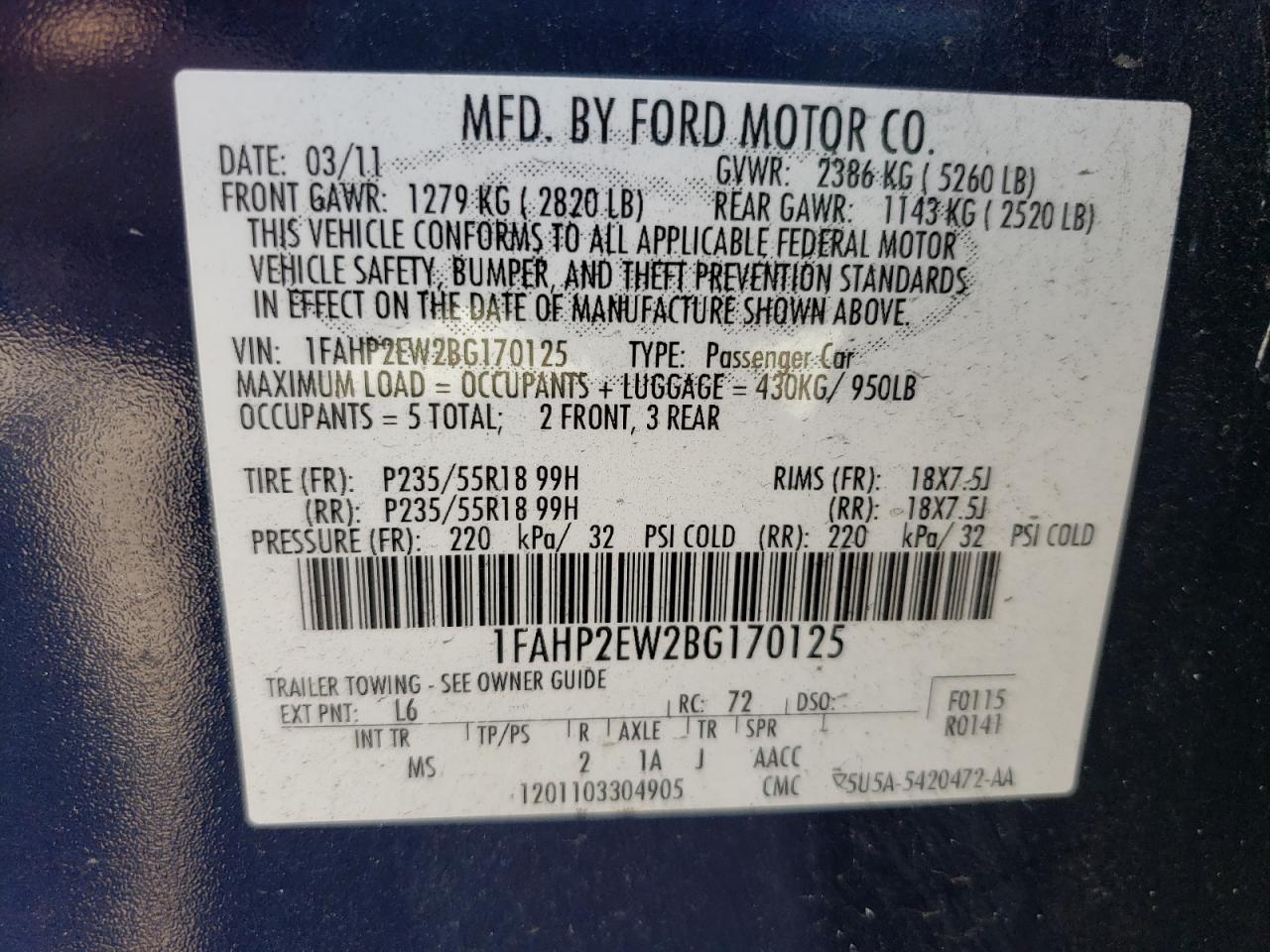 Photo 10 from auction – 2011 FORD TAURUS SEL with VIN 1FAHP2EW2BG170125