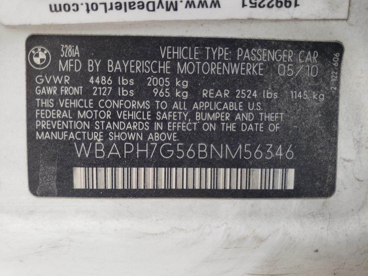 Photo 10 from auction – 2011 BMW 328 I with VIN WBAPH7G56BNM56346