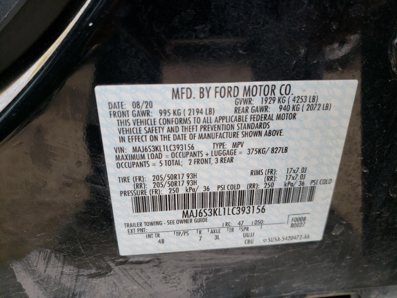 Photo 10 from auction – 2020 FORD ECOSPORT T with VIN MAJ6S3KL1LC393156