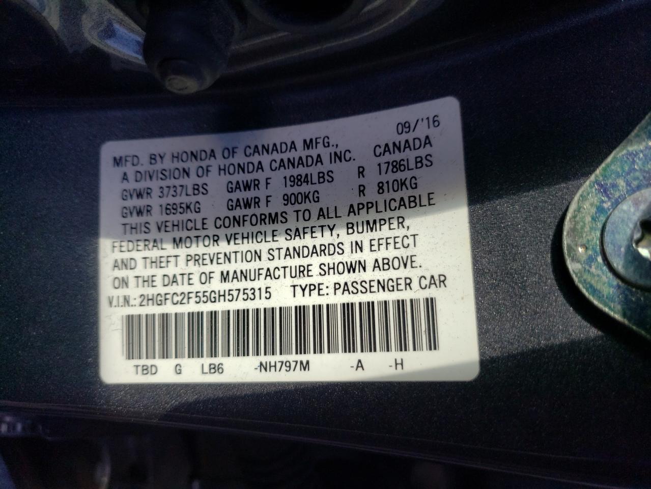 Photo 10 from auction – 2016 HONDA CIVIC LX with VIN 2HGFC2F55GH575315
