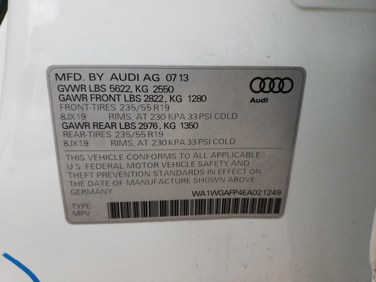 Photo 10 from auction – 2014 AUDI Q5 PRESTIG with VIN WA1WGAFP4EA021249