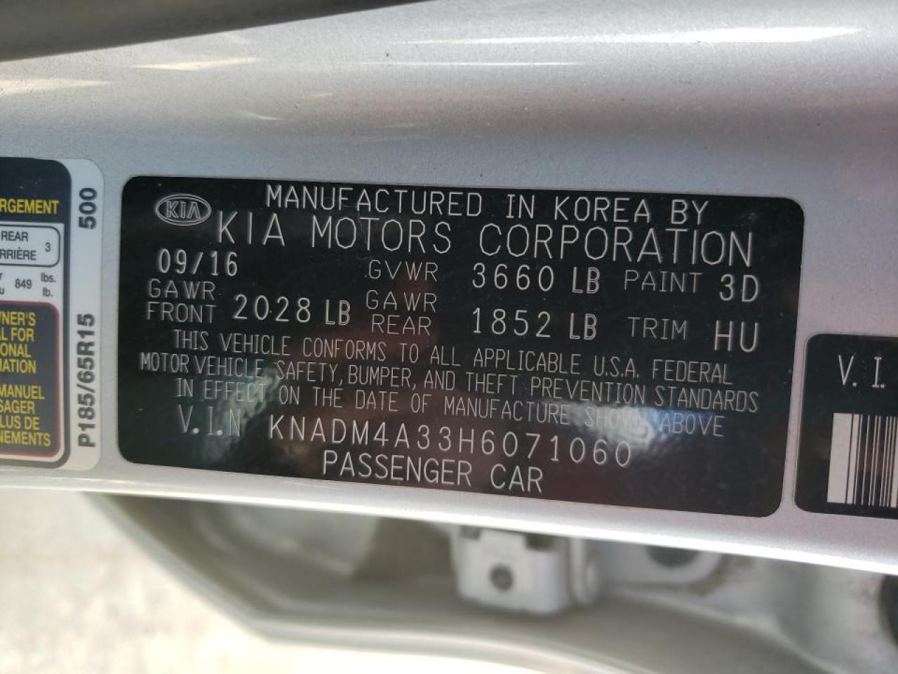 Photo 10 from auction – 2017 KIA RIO LX with VIN KNADM4A33H6071060