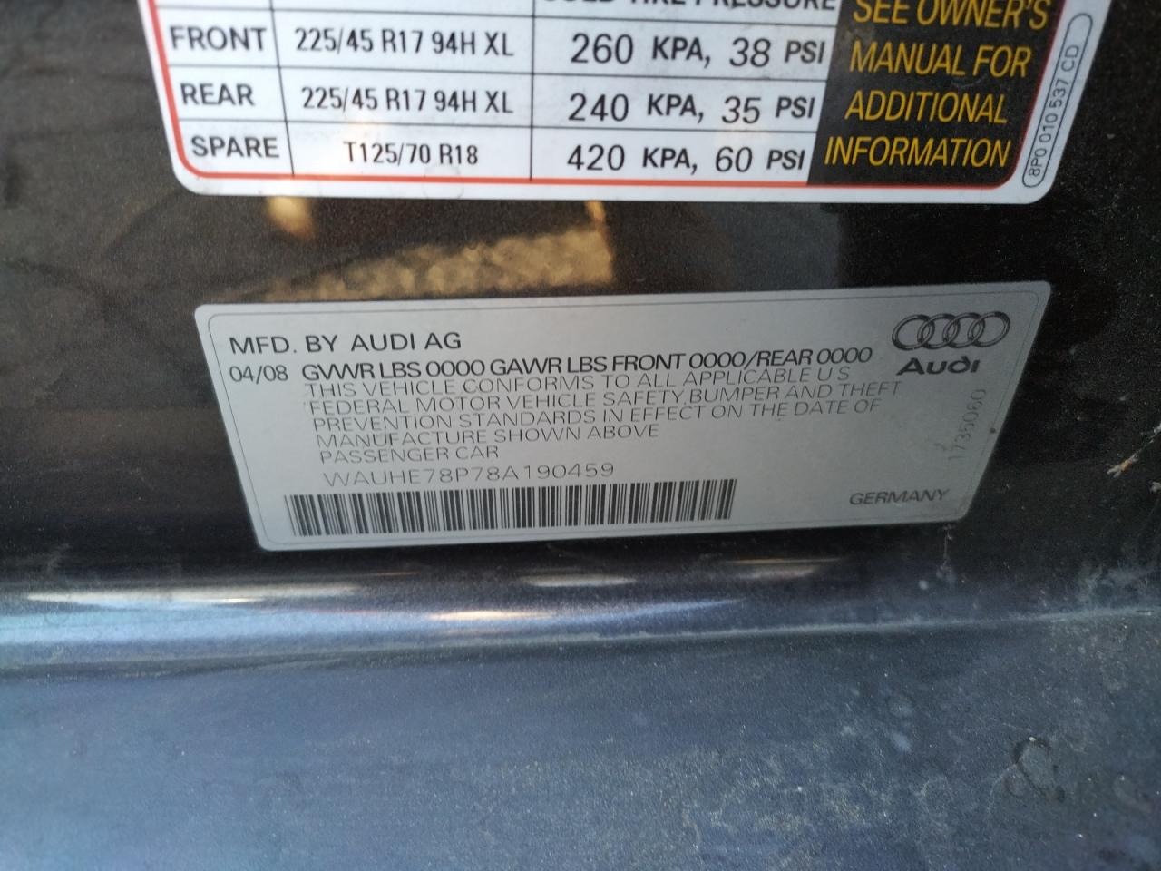 Photo 10 from auction – 2008 AUDI A3 2.0 with VIN WAUHE78P78A190459