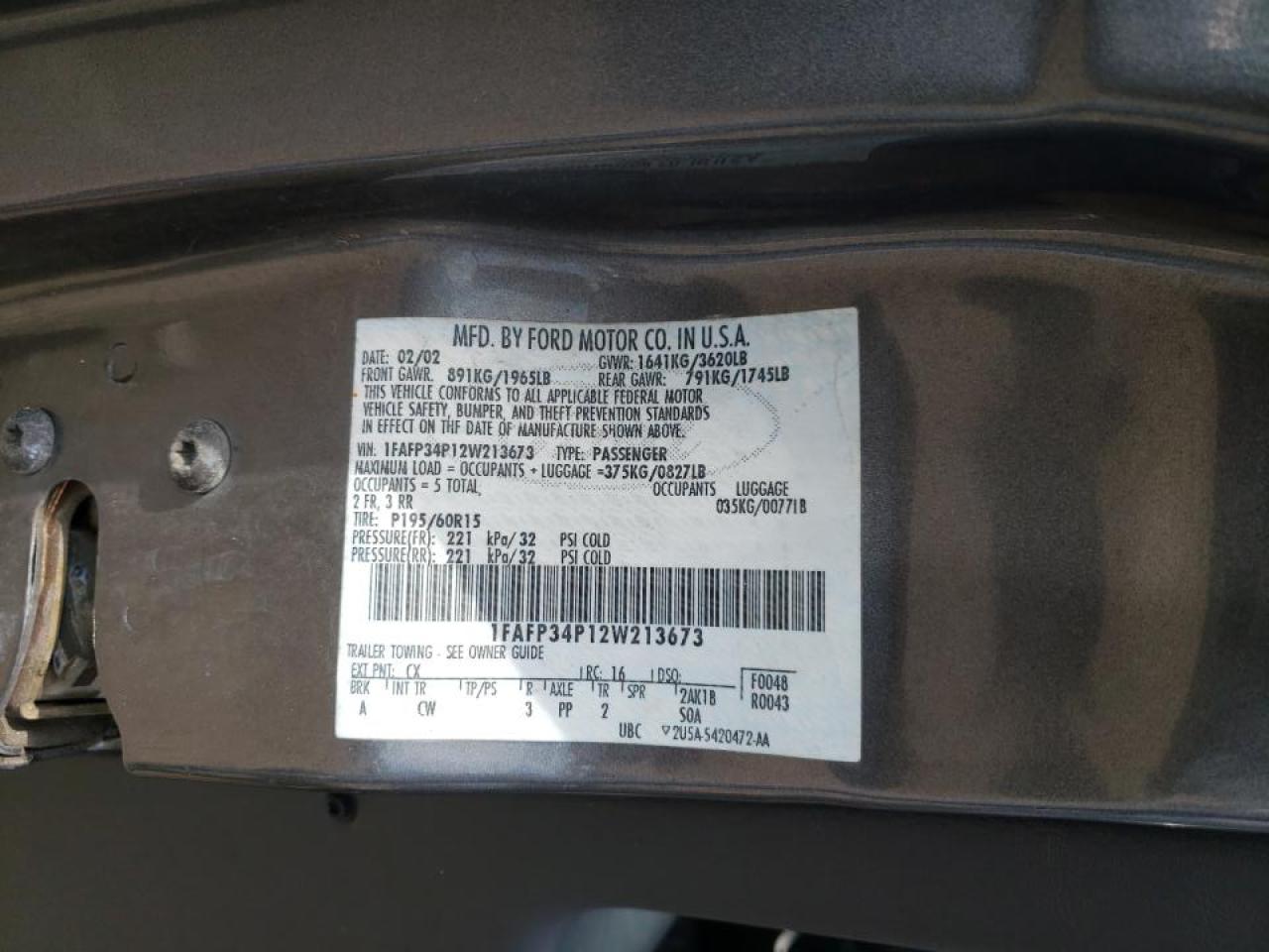 Photo 10 from auction – 2002 FORD FOCUS SE with VIN 1FAFP34P12W213673