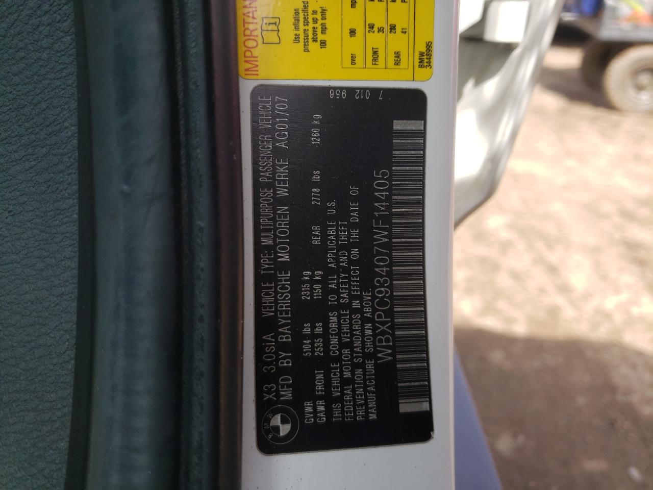 Photo 10 from auction – 2007 BMW X3 3.0SI with VIN WBXPC93407WF14405