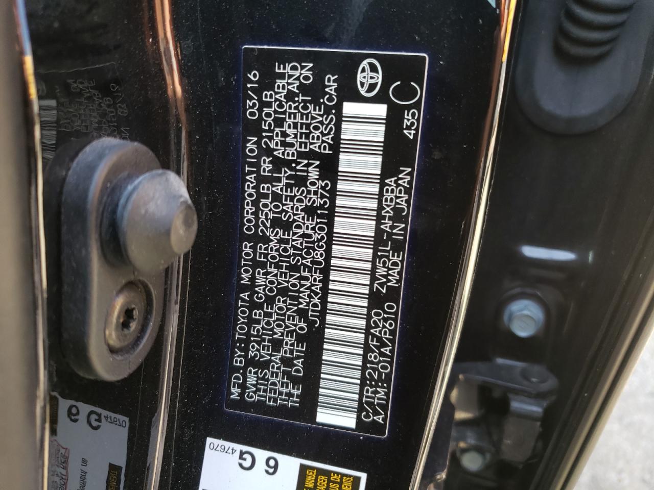 Photo 10 from auction – 2016 TOYOTA PRIUS with VIN JTDKARFU8G3011373