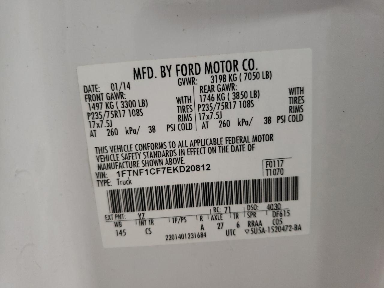 Photo 10 from auction – 2014 FORD F150 with VIN 1FTNF1CF7EKD20812
