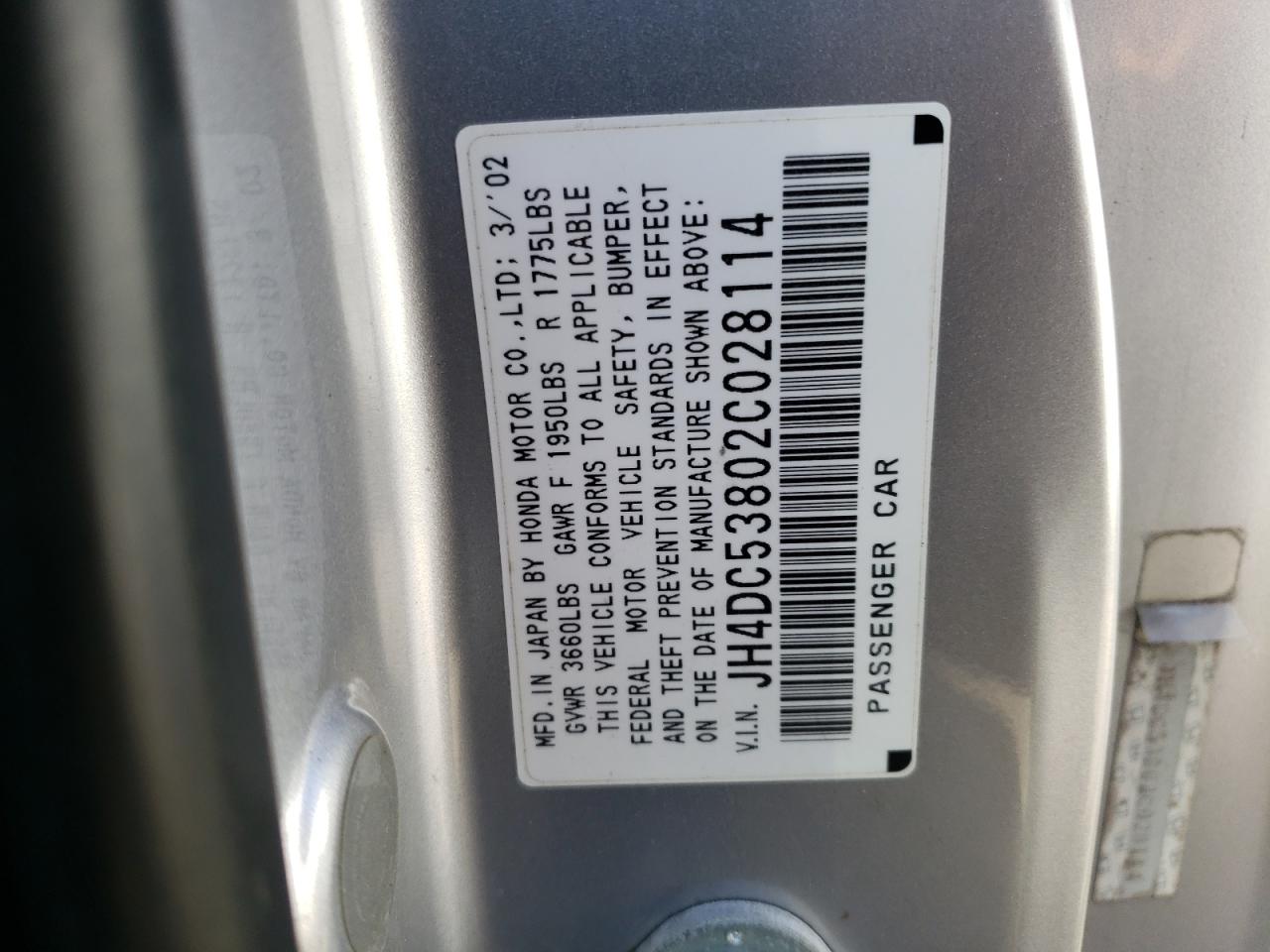 Photo 10 from auction – 2002 ACURA RSX with VIN JH4DC53802C028114