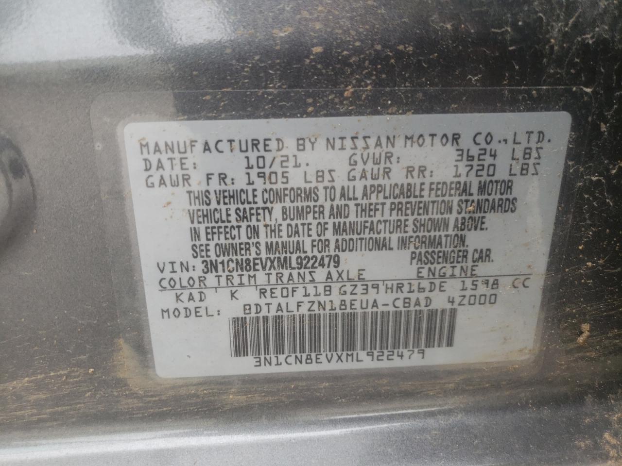 Photo 10 from auction – 2021 NISSAN VERSA SV with VIN 3N1CN8EVXML922479