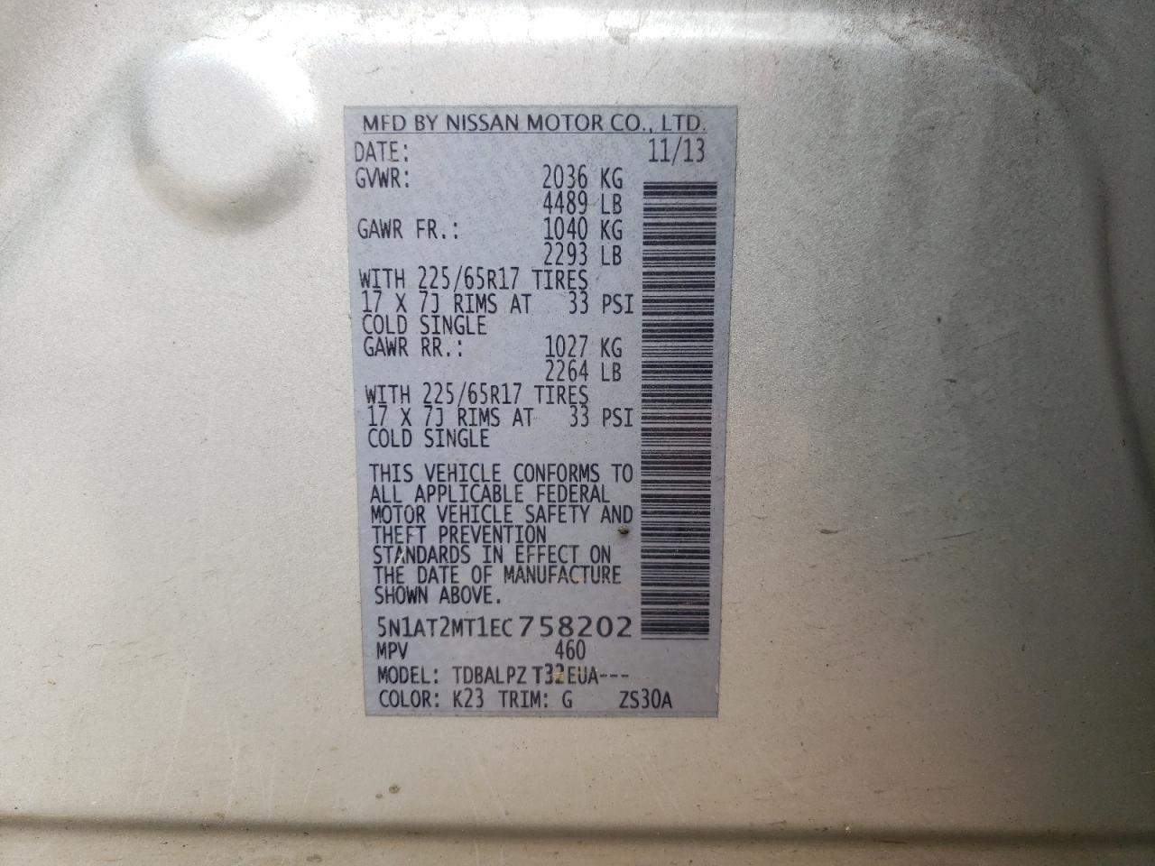 Photo 10 from auction – 2014 NISSAN ROGUE S with VIN 5N1AT2MT1EC758202