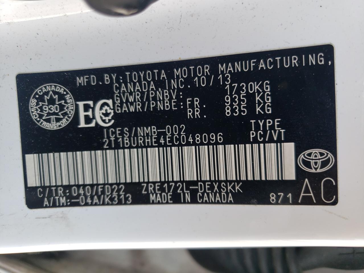 Photo 10 from auction – 2014 TOYOTA COROLLA L with VIN 2T1BURHE4EC048096