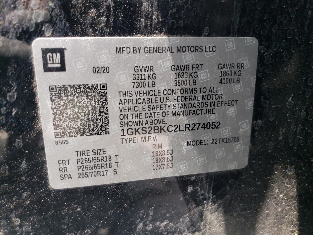 Photo 10 from auction – 2020 GMC YUKON SLT with VIN 1GKS2BKC2LR274052