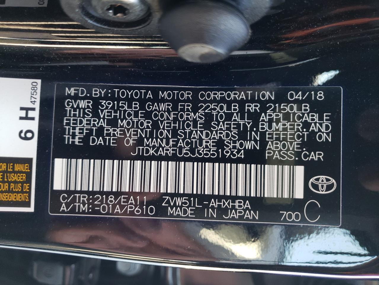 Photo 10 from auction – 2018 TOYOTA PRIUS with VIN JTDKARFU5J3551934