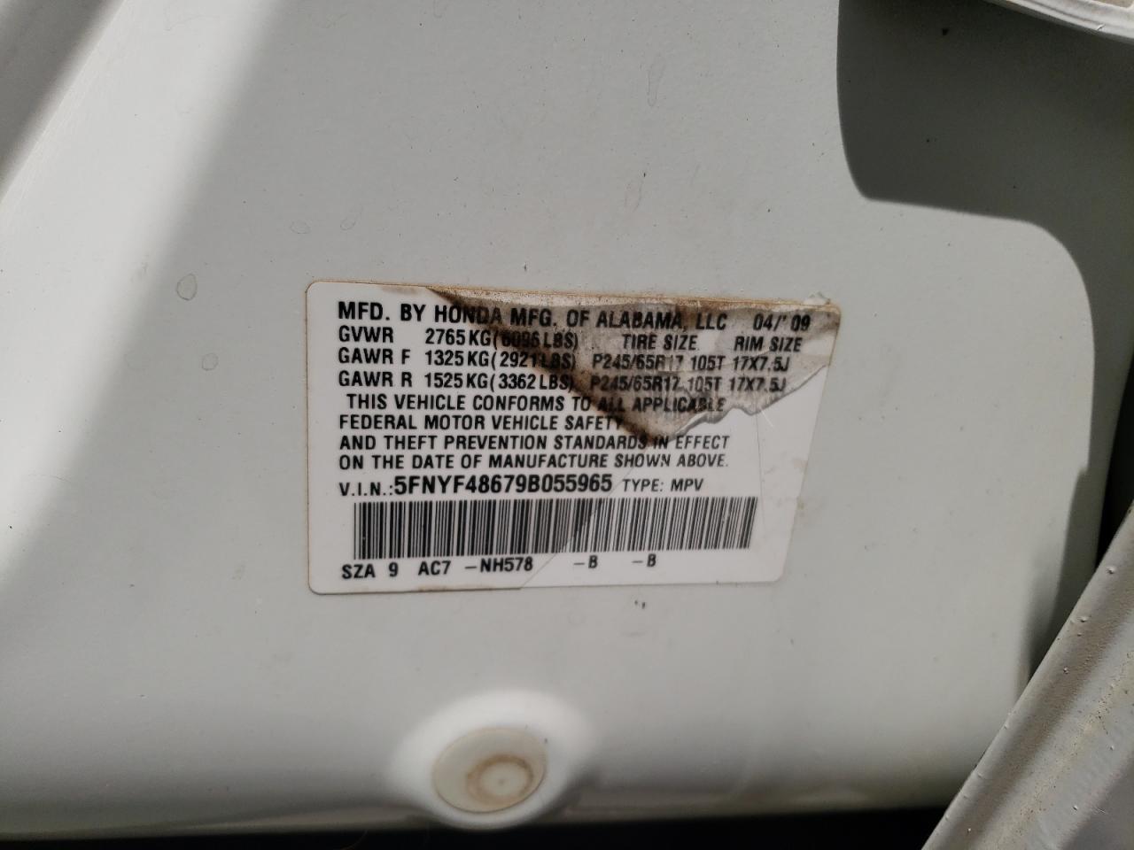 Photo 10 from auction – 2009 HONDA PILOT EXL with VIN 5FNYF48679B055965