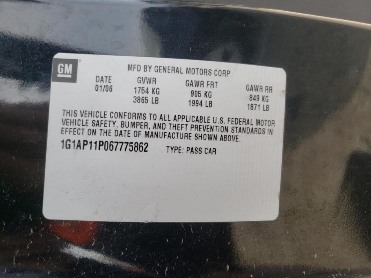 Photo 10 from auction – 2006 CHEVROLET COBALT SS with VIN 1G1AP11P067775862
