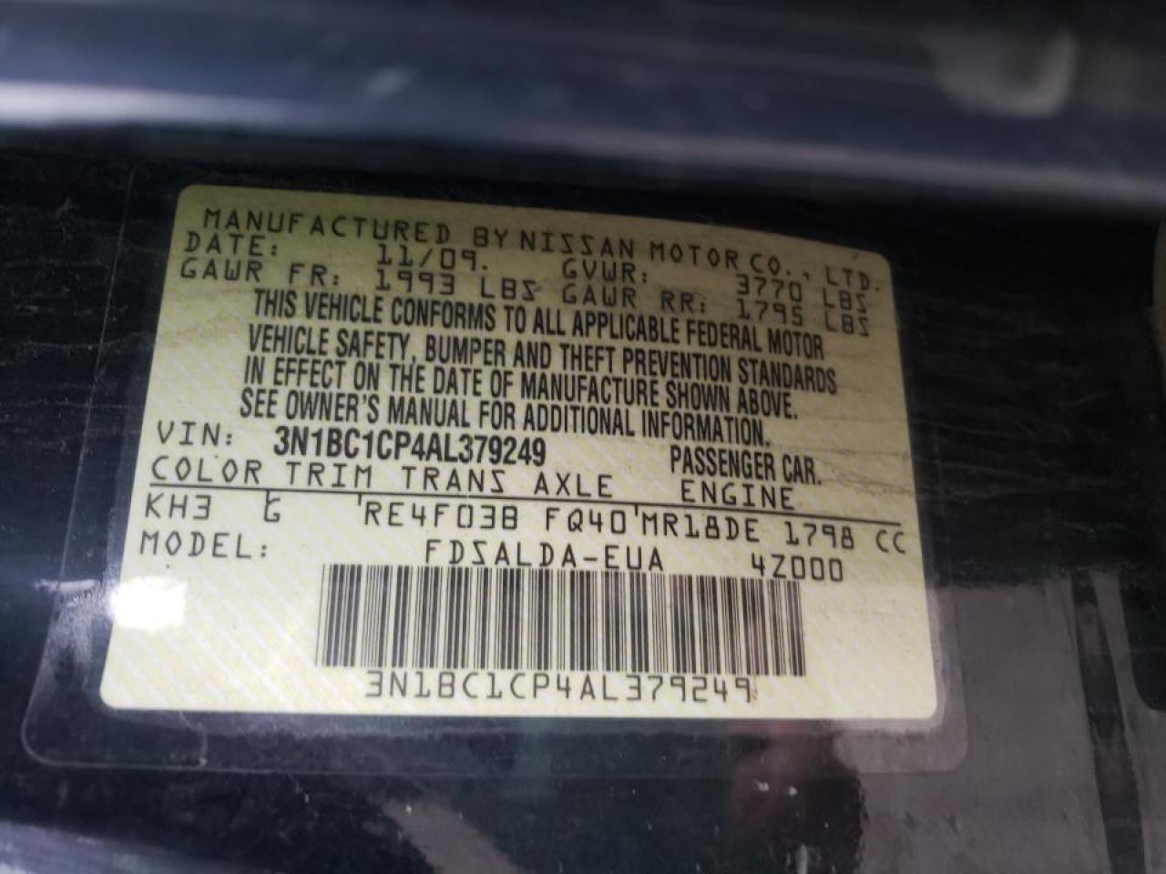 Photo 10 from auction – 2010 NISSAN VERSA S with VIN 3N1BC1CP4AL379249