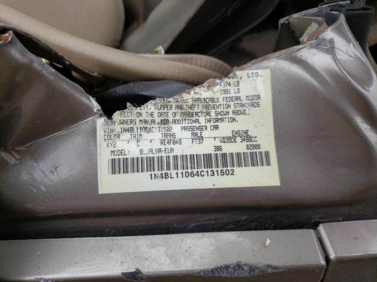 Photo 10 from auction – 2004 NISSAN ALTIMA SE with VIN 1N4BL11D64C131502