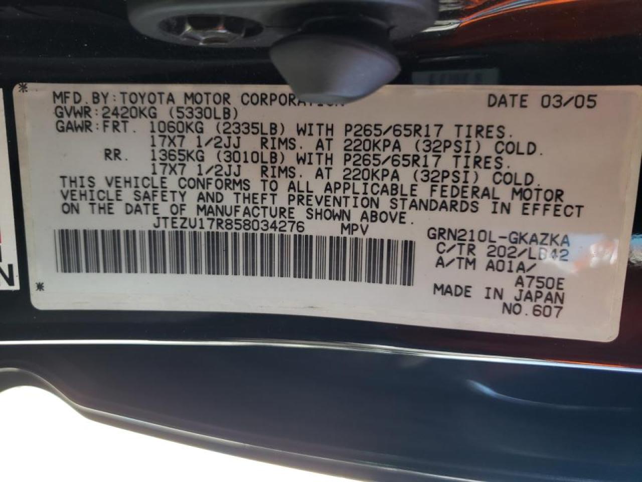 Photo 10 from auction – 2005 TOYOTA 4RUNNER LI with VIN JTEZU17R858034276