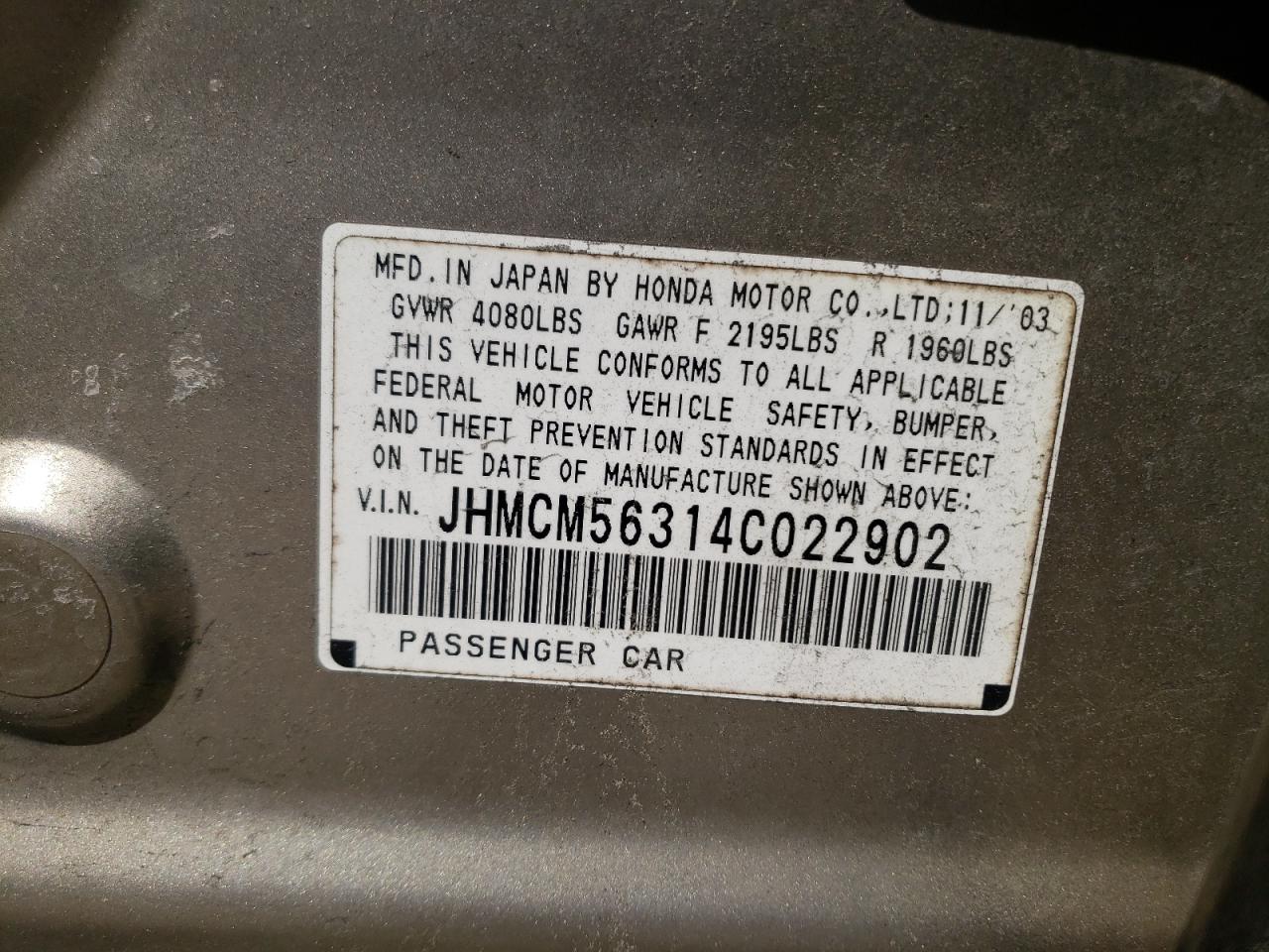Photo 10 from auction – 2004 HONDA ACCORD LX with VIN JHMCM56314C022902
