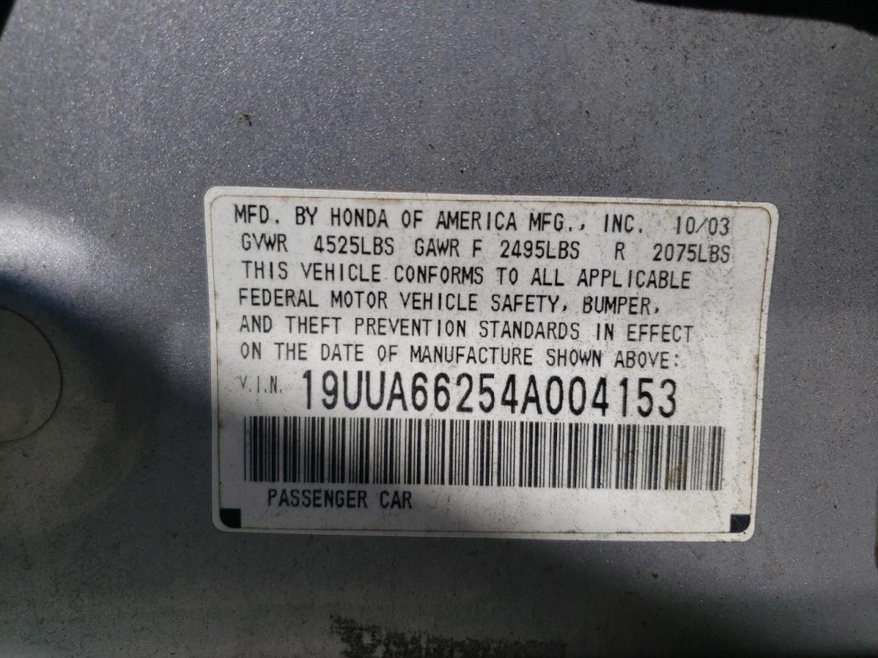 Photo 10 from auction – 2004 ACURA TL with VIN 19UUA66254A004153