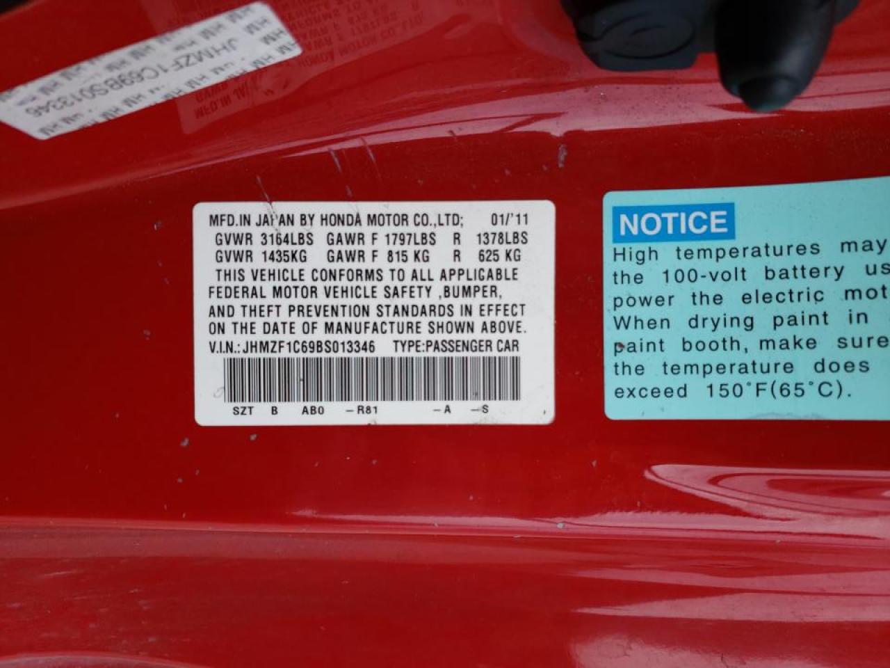 Photo 10 from auction – 2011 HONDA CR-Z EX with VIN JHMZF1C69BS013346