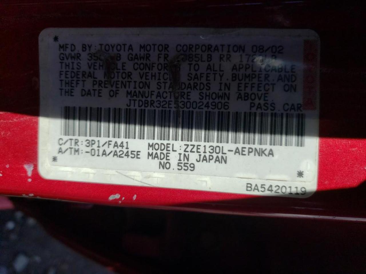 Photo 10 from auction – 2003 TOYOTA COROLLA CE with VIN JTDBR32E530024906