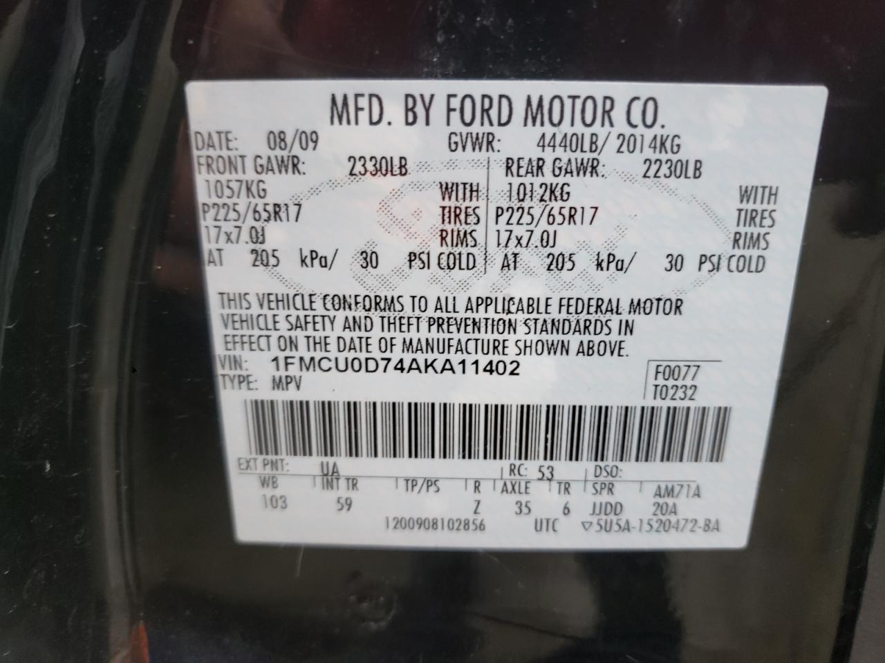 Photo 10 from auction – 2010 FORD ESCAPE XLT with VIN 1FMCU0D74AKA11402