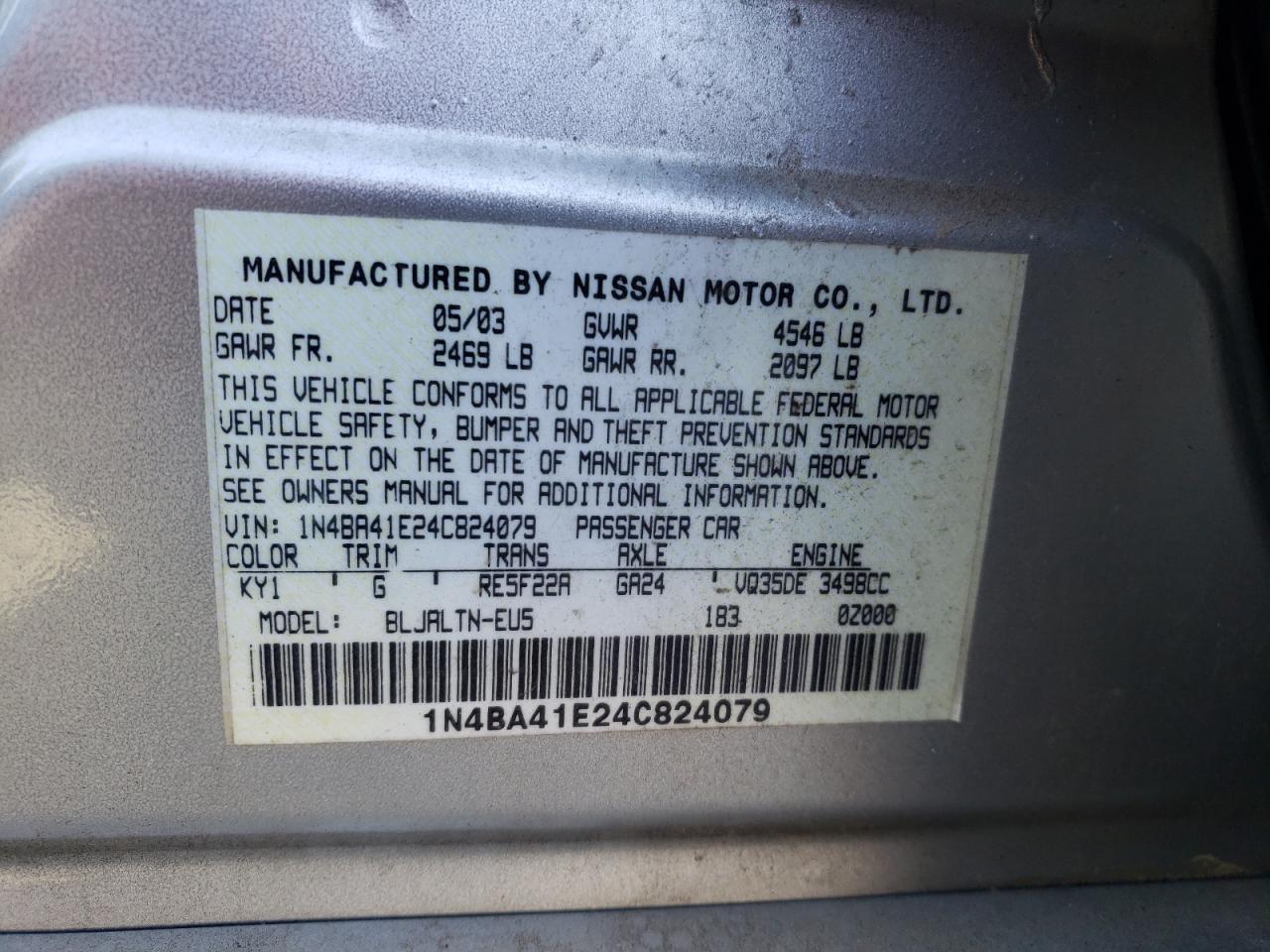 Photo 10 from auction – 2004 NISSAN MAXIMA SE with VIN 1N4BA41E24C824079