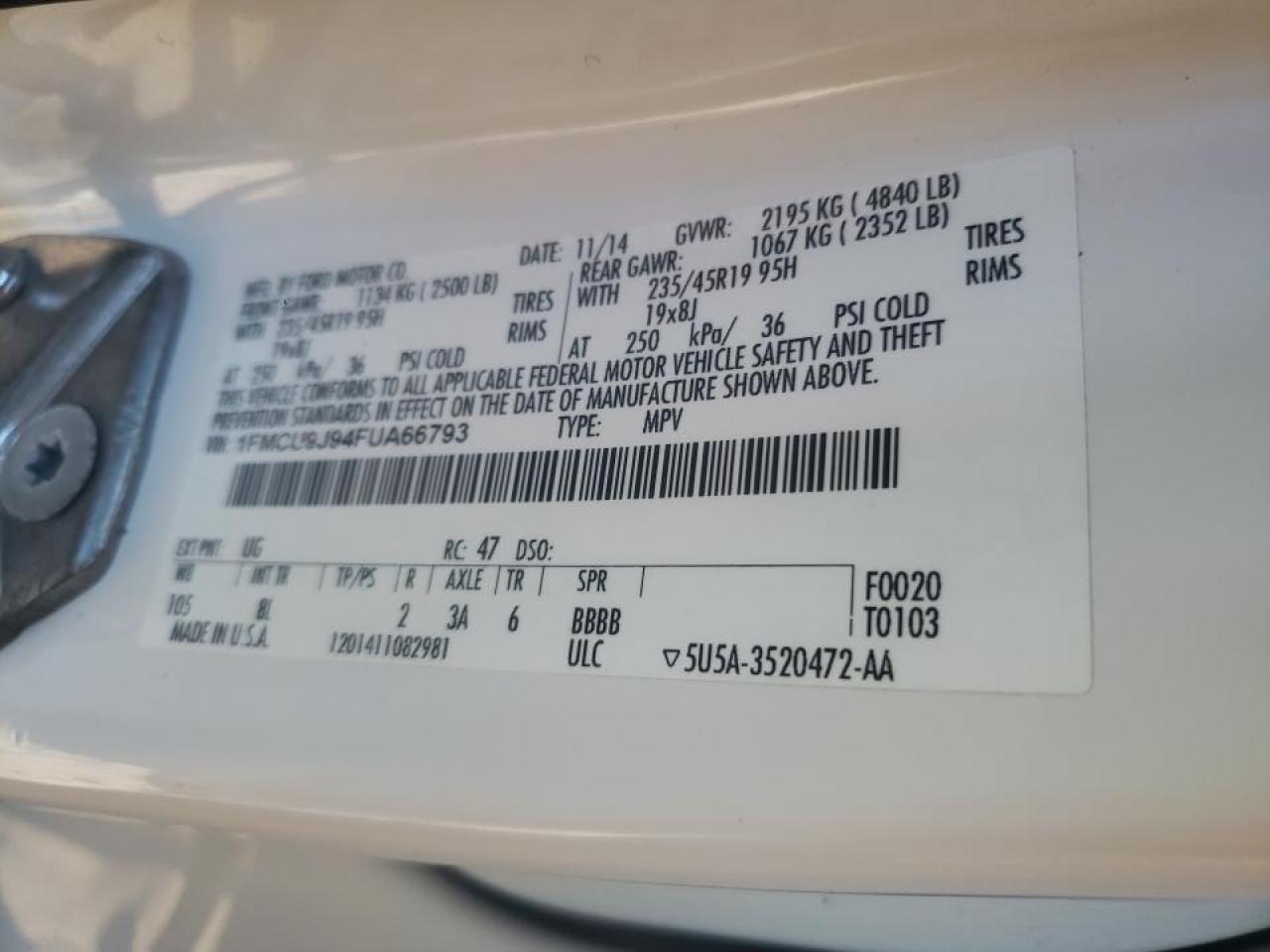 Photo 10 from auction – 2015 FORD ESCAPE TIT with VIN 1FMCU9J94FUA66793