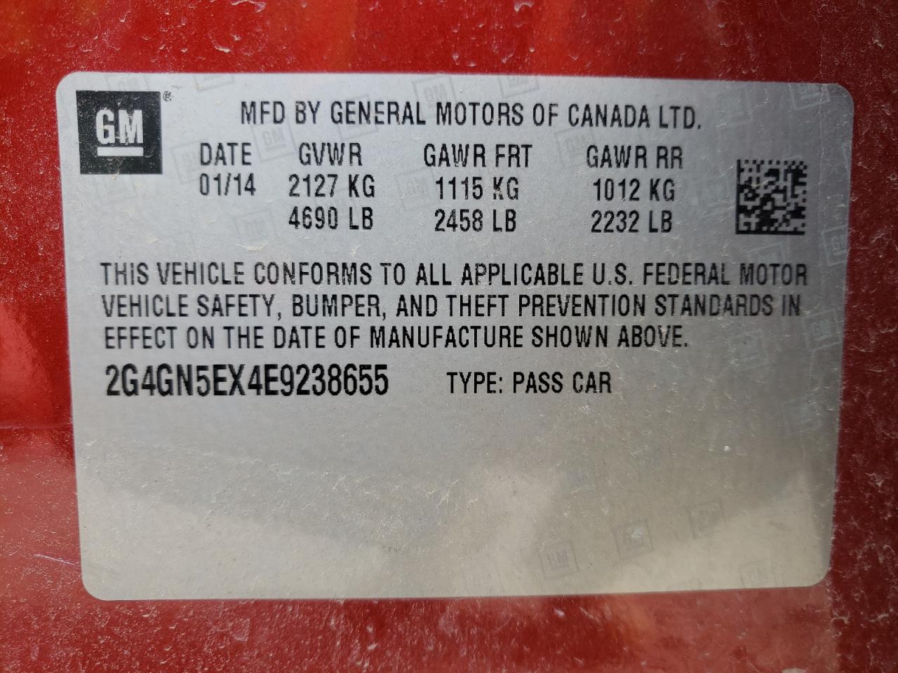 Photo 10 from auction – 2014 BUICK REGAL PREM with VIN 2G4GN5EX4E9238655