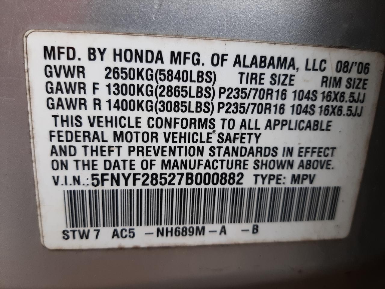 Photo 10 from auction – 2007 HONDA PILOT EXL with VIN 5FNYF28527B000882