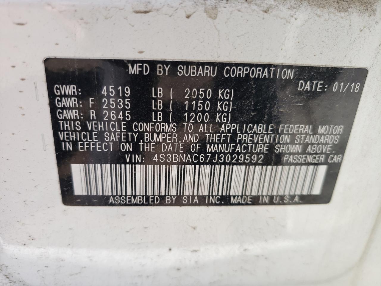 Photo 10 from auction – 2018 SUBARU LEGACY 2.5 with VIN 4S3BNAC67J3029592