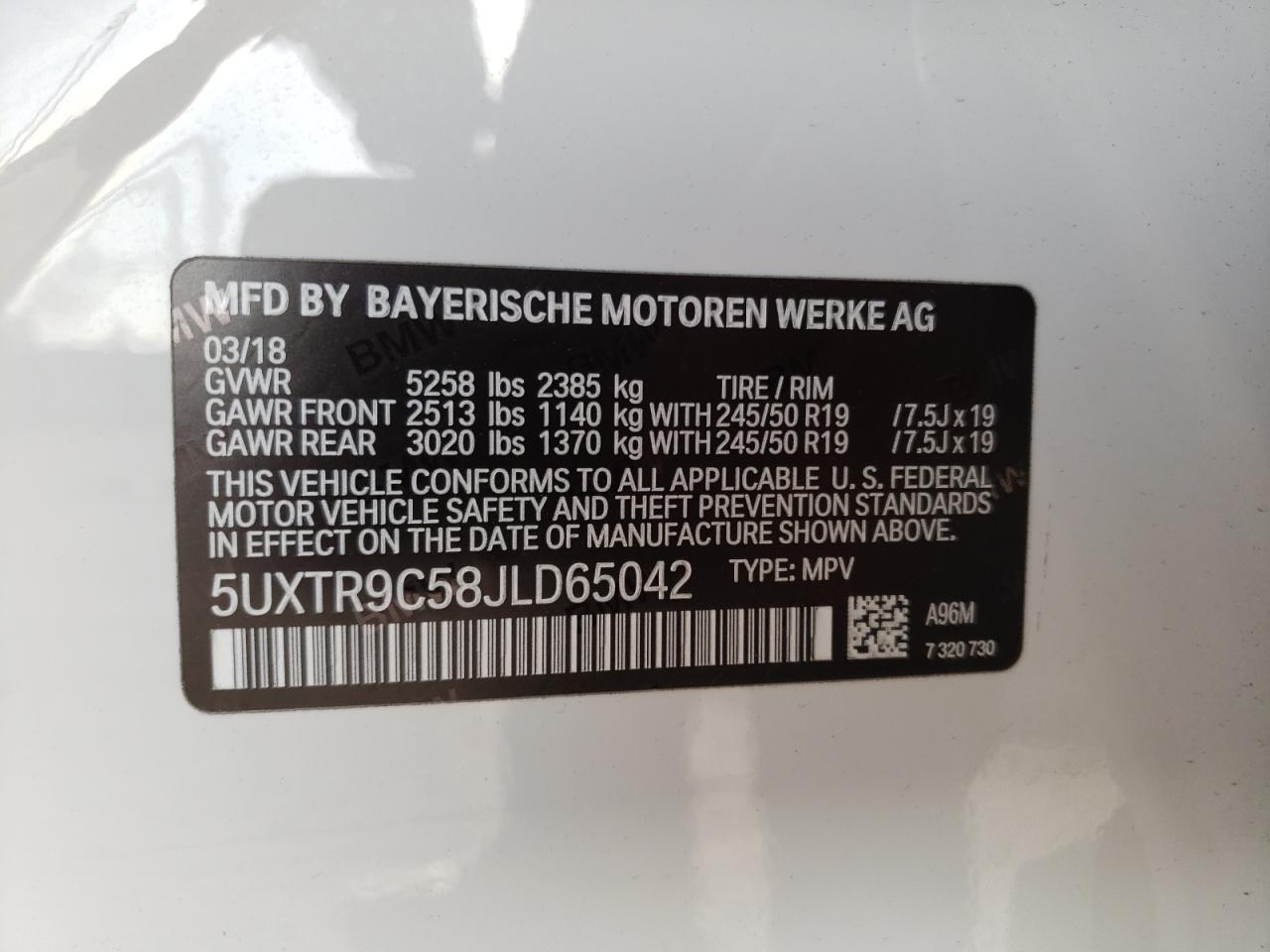 Photo 10 from auction – 2018 BMW X3 XDRIVE3 with VIN 5UXTR9C58JLD65042