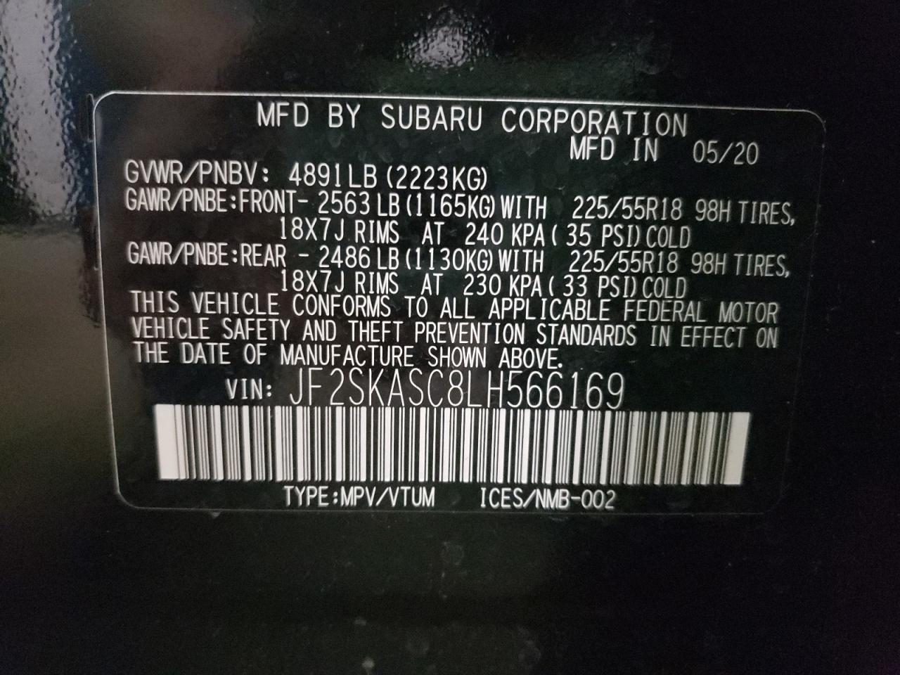 Photo 10 from auction – 2020 SUBARU FORESTER L with VIN JF2SKASC8LH566169
