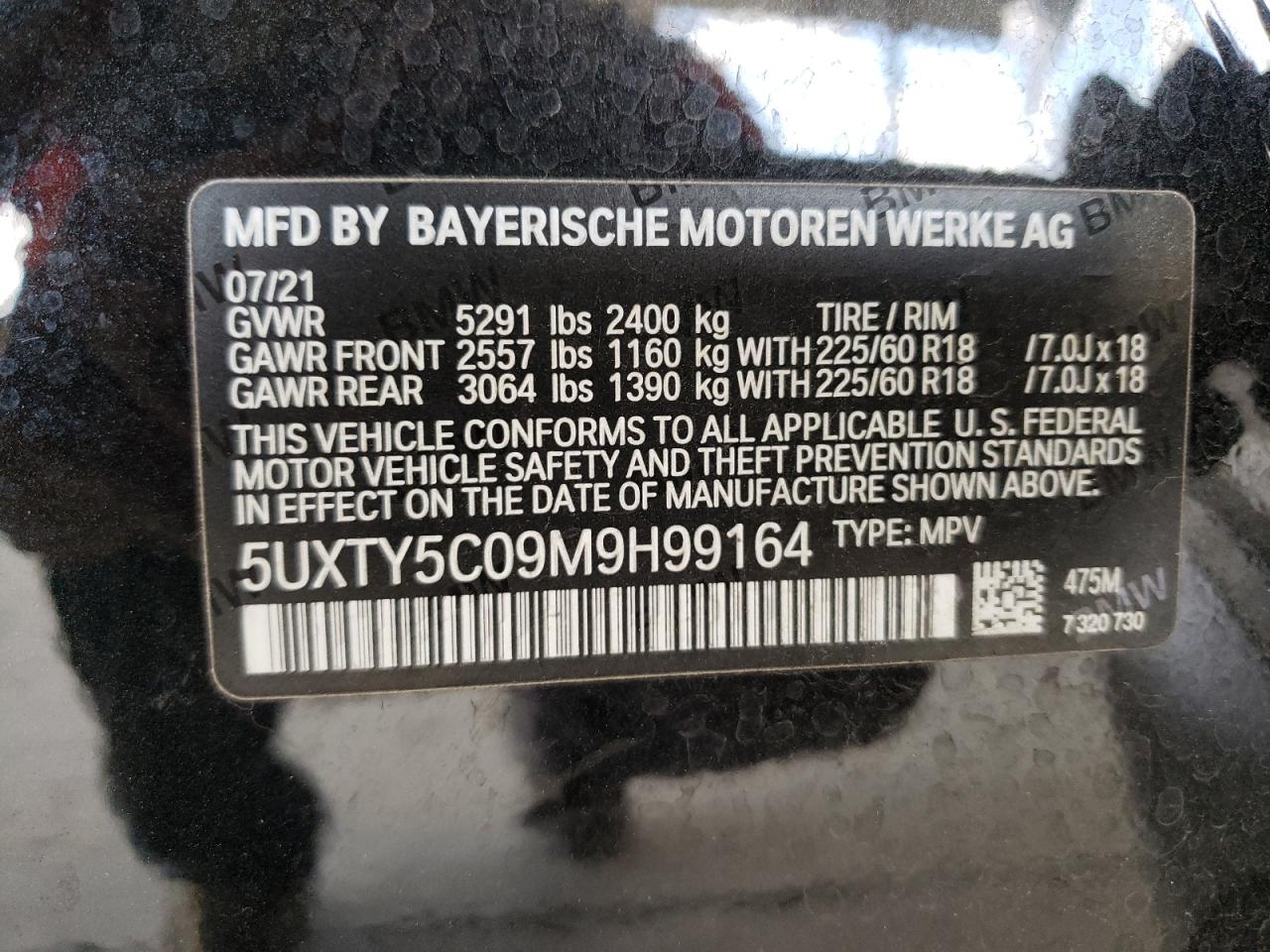 Photo 10 from auction – 2021 BMW X3 XDRIVE3 with VIN 5UXTY5C09M9H99164