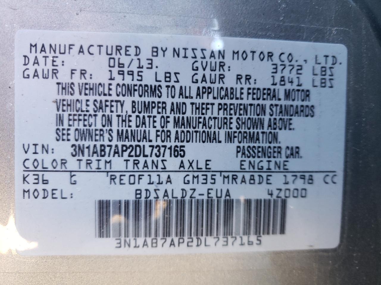 Photo 10 from auction – 2013 NISSAN SENTRA with VIN 3N1AB7AP2DL737165