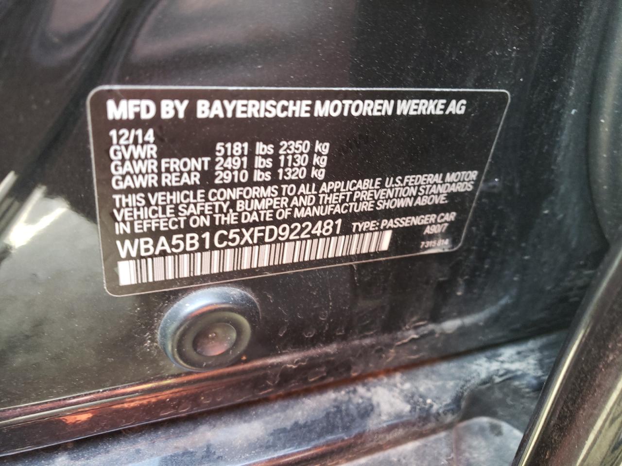 Photo 10 from auction – 2015 BMW 535 I with VIN WBA5B1C5XFD922481