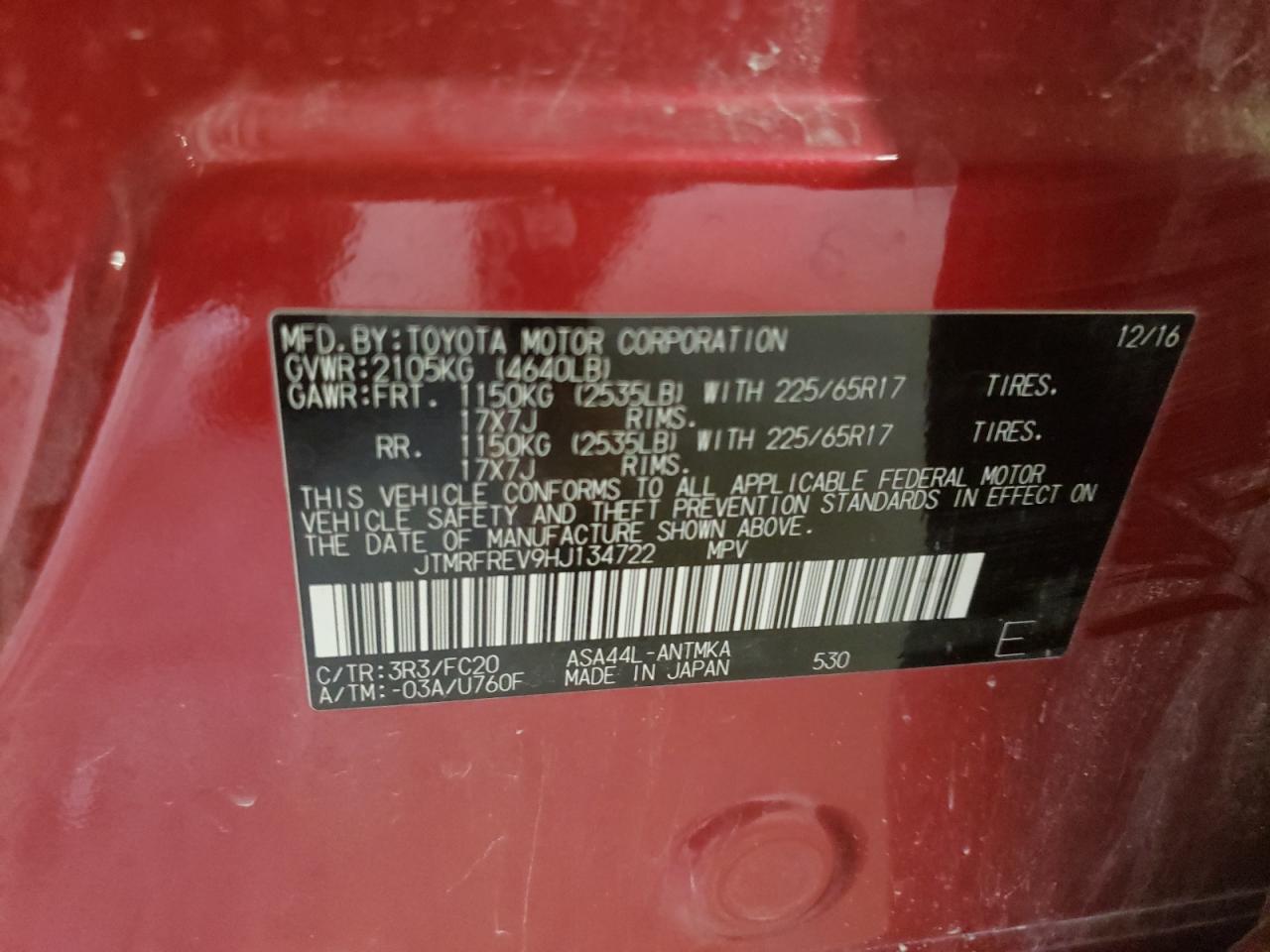 Photo 10 from auction – 2017 TOYOTA RAV4 XLE with VIN JTMRFREV9HJ134722