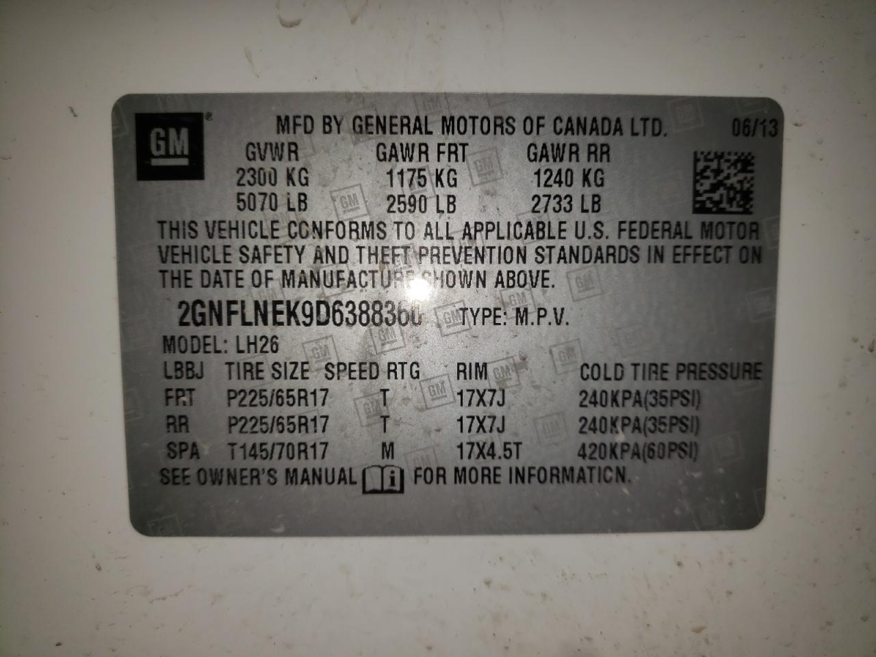 Photo 10 from auction – 2013 CHEVROLET EQUINOX LT with VIN 2GNFLNEK9D6388360