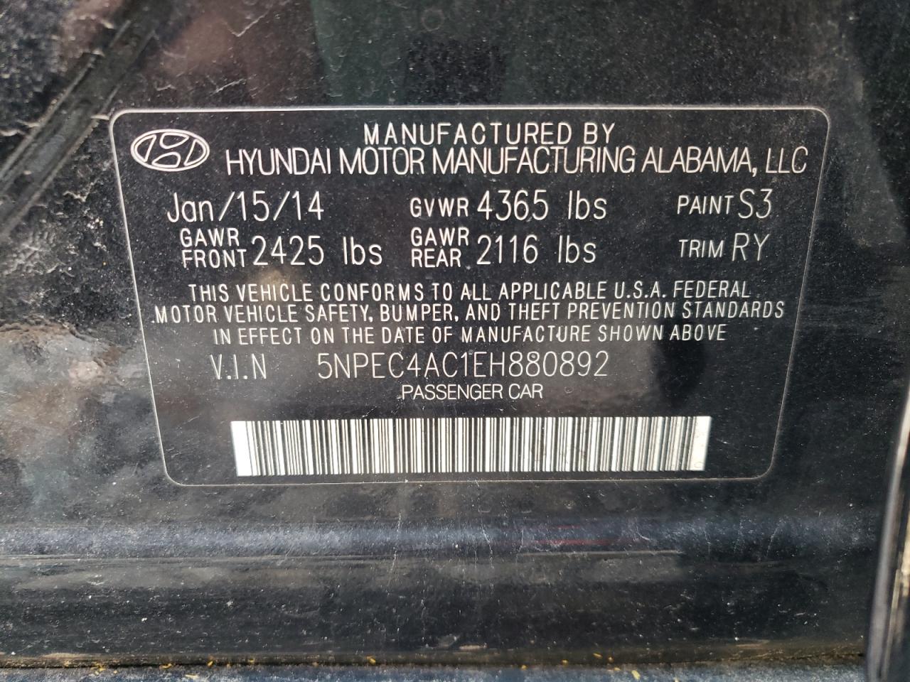 Photo 10 from auction – 2014 HYUNDAI SONATA SE with VIN 5NPEC4AC1EH880892